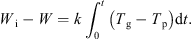 $$ {W}_{\mathrm{i}}-W=k\int^t_0\left({T}_{\mathrm{g}}-{T}_{\mathrm{p}}\right)\mathrm{d}t. $$