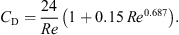 $$ {C}_{\mathrm{D}}=\frac{24}{{Re}}\left(1+0.15{{\enspace Re}}^{0.687}\right). $$
