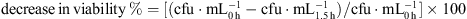 $ \mathrm{decrease}\enspace \mathrm{in}\enspace \mathrm{viability}\enspace \%=[(\mathrm{cfu}\middot {\mathrm{mL}}_{0\enspace \mathrm{h}}^{-1}-\mathrm{cfu}\middot {\mathrm{mL}}_{1.5\enspace \mathrm{h}}^{-1})/\mathrm{cfu}\middot {\mathrm{mL}}_{0\enspace \mathrm{h}}^{-1}]\times 100$