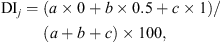 $$ \mathrm{D}{\mathrm{I}}_j=\left(a\times 0+b\times 0.5+c\times 1\right)/\left(a+b+c\right)\times 100, $$